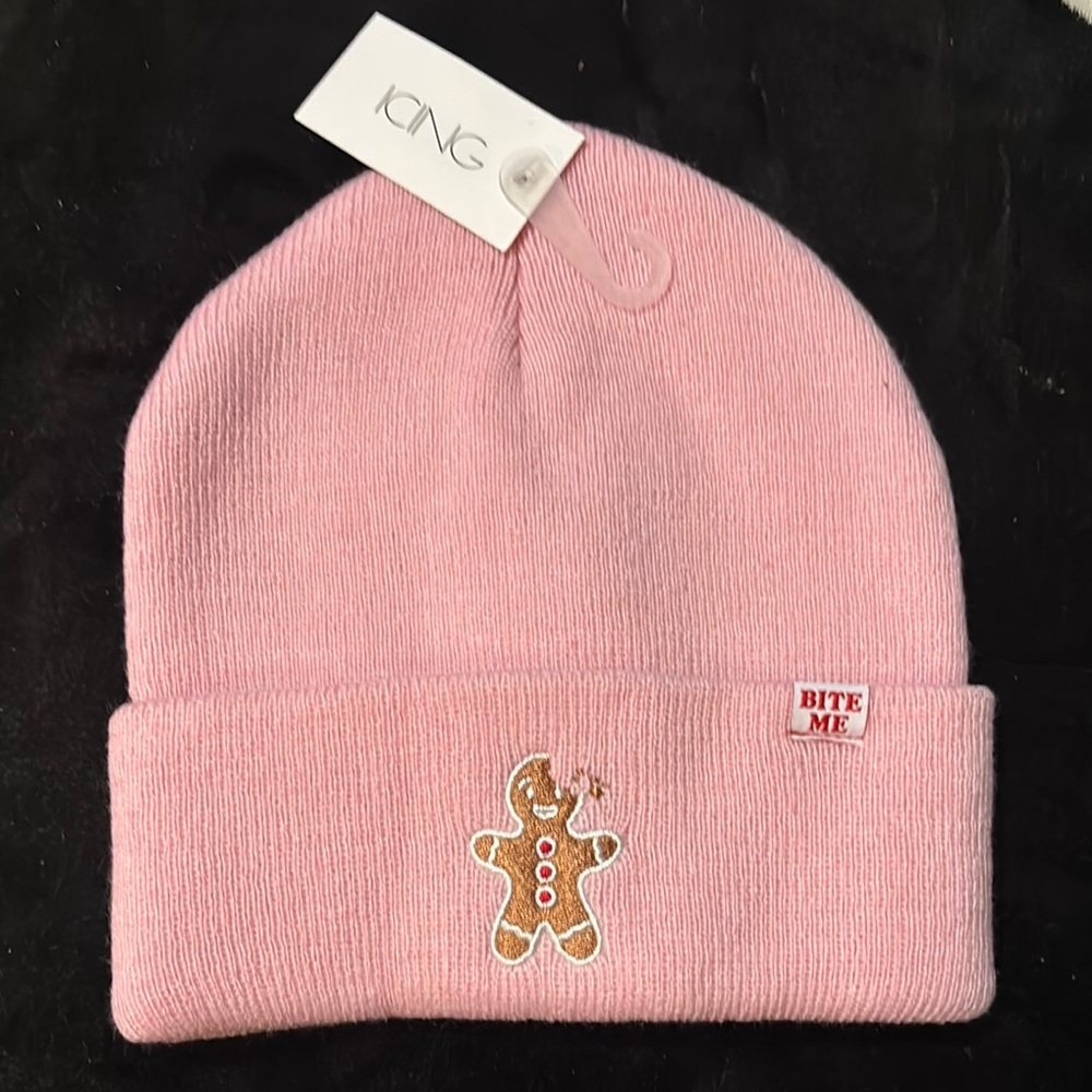 Icing Pink Knit Beanie with Gingerbread Embroidery
